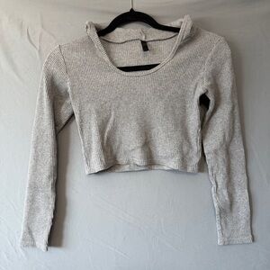 Womens Ribbed Long Sleeve Hooded Crop Top Size S Grey Gym Yoga CrossFit Running